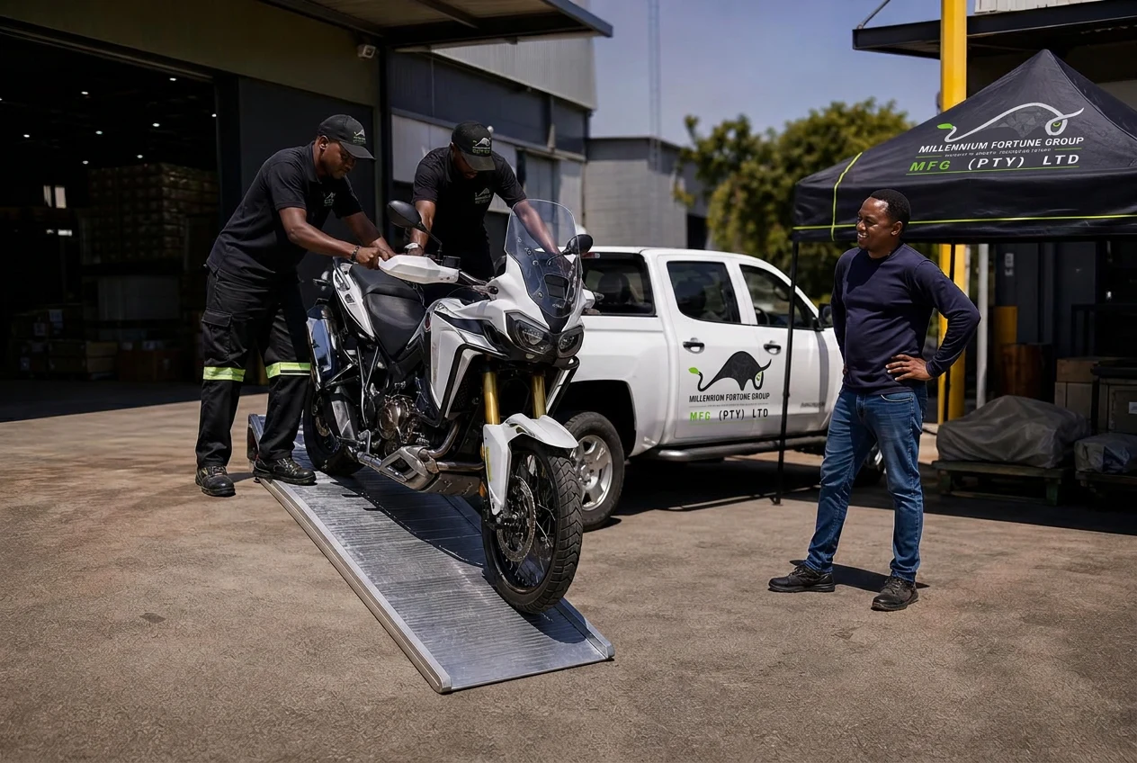 Honda adventure motorbike being unloaded from a subtly branded MFG delivery bakkie beside an MFG gazebo